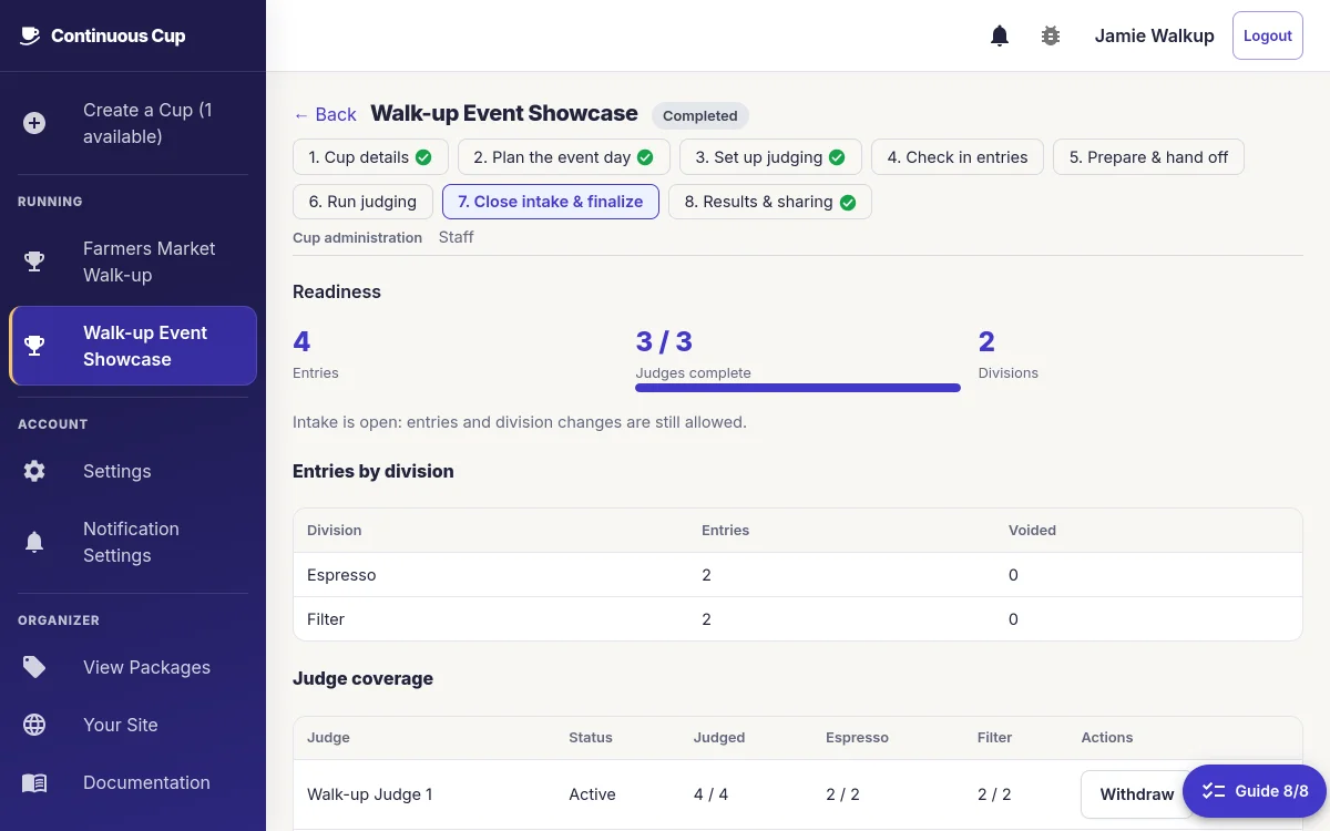 Walk-up event readiness screen with entries by division and judge coverage