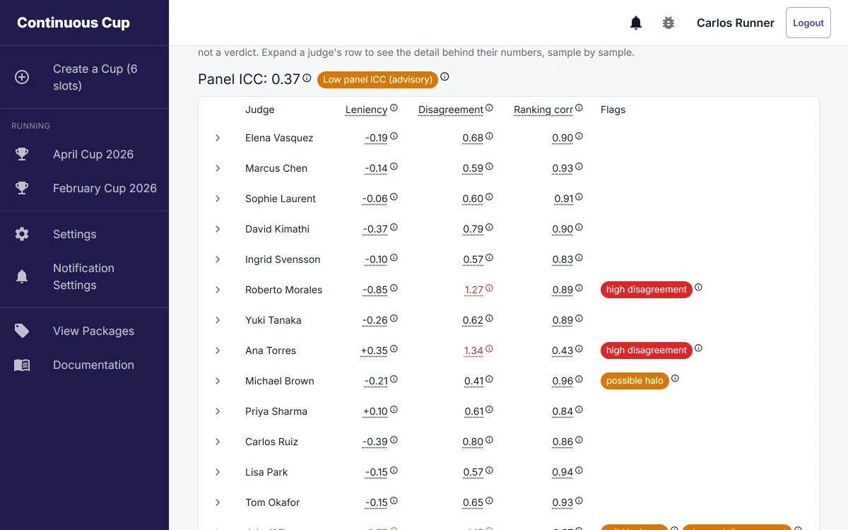 Judge report table with leniency, disagreement, and ranking-correlation flags